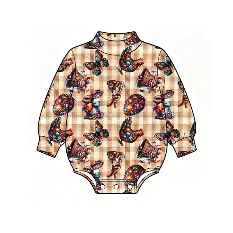 Preorder (moq 5) Baby Girl Clothes Easter Egg Chicken Butterfly Gingham Print Long Sleeve Baby Romper