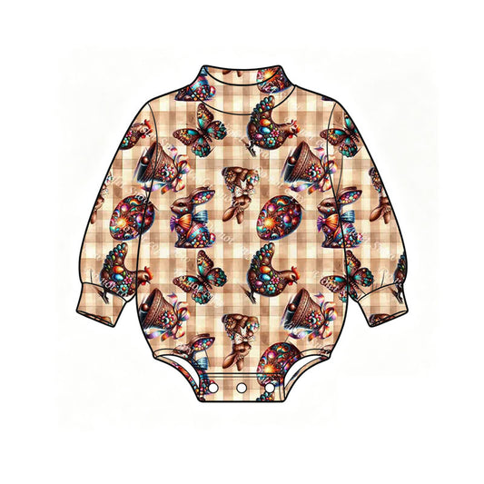 Preorder (moq 5) Baby Girl Clothes Easter Egg Chicken Butterfly Gingham Print Long Sleeve Baby Romper