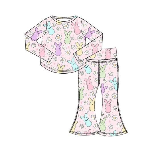 Preorder (moq 5) Baby Girl Clothes Easter Bunny Daisy Floral Print Long Sleeve Flare Pant Set