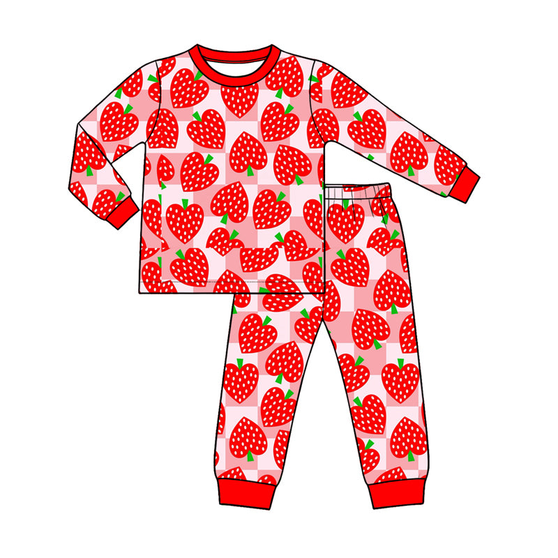 Preorder (moq 5) Baby Girl Clothes Strawberry Heart Checker Mixed Print Long Sleeve Pajama Set