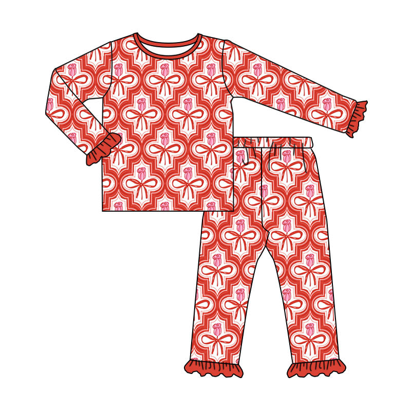 Preorder (moq 5) Baby Girl Clothes Tulip Bow Geometric Allover Print Long Sleeve Ruffle Cuff Pajama Set