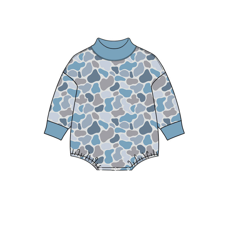 Preorder (moq 5) Baby Boy Clothes Blue Duck Camo Print Long Sleeve Turtleneck Bubble Romper