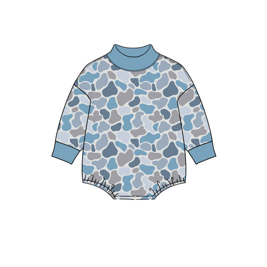 Preorder (moq 5) Baby Boy Clothes Blue Duck Camo Print Long Sleeve Turtleneck Bubble Romper