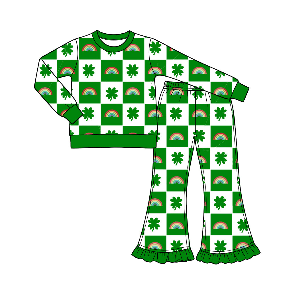 Preorder (moq 5) Baby Girl Clothes Green Checker Clover Rainbow Allover Print Long Sleeve Ruffle Flare Pant Set