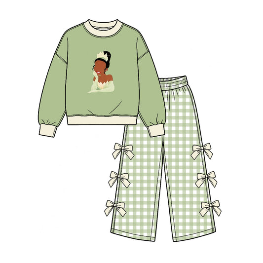 Preorder (moq 5) Baby Girl Clothes Princess Tiana Print Green Gingham Bow Decor Long Sleeve Wide Leg Pant Set