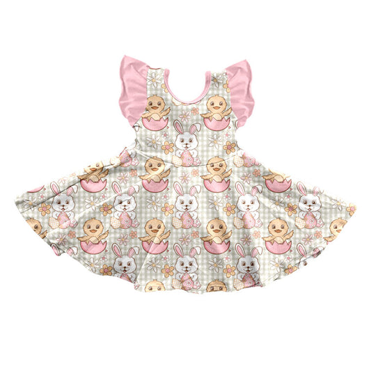Preorder (moq 5) Baby Girl Clothes Easter Bunny Chick Gingham Print Flutter Sleeve Twirl Dress