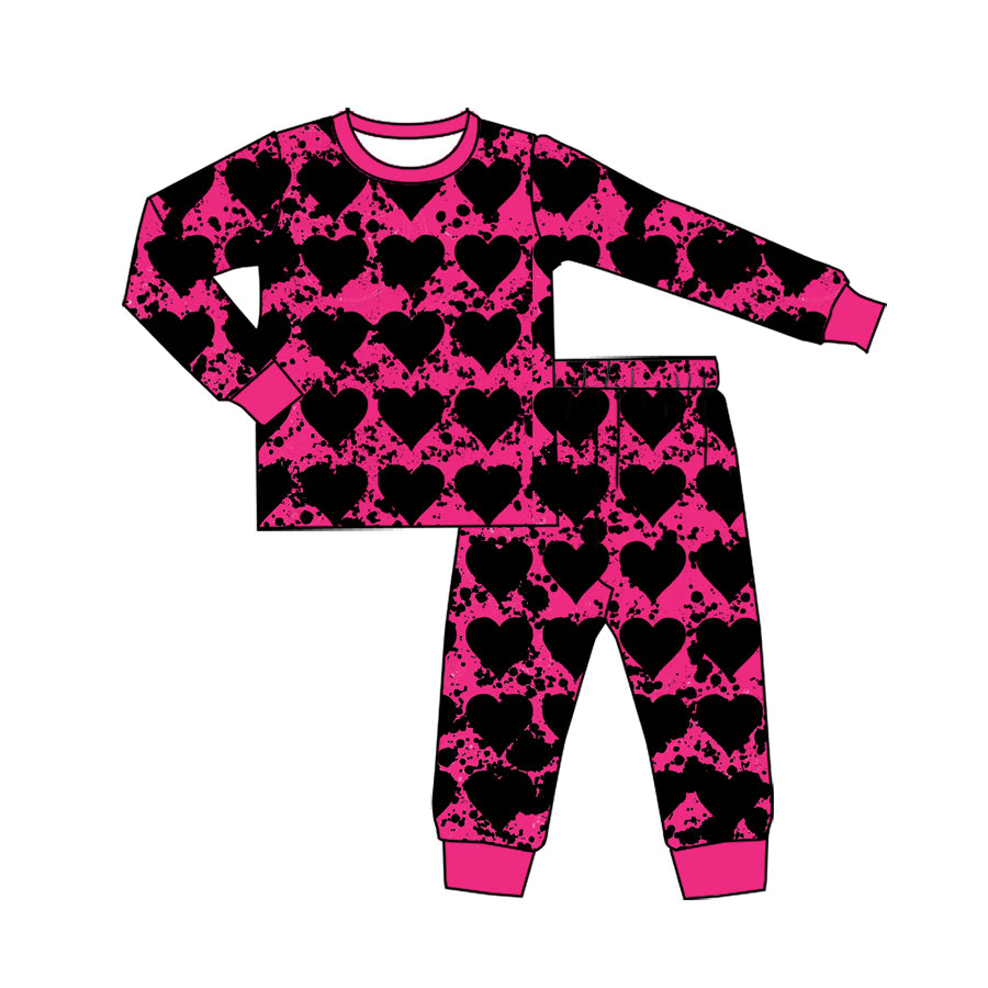 Preorder (moq 5) Baby Girl Clothes Black Heart Pink Splatter Print Long Sleeve Top Pant Pajama Set