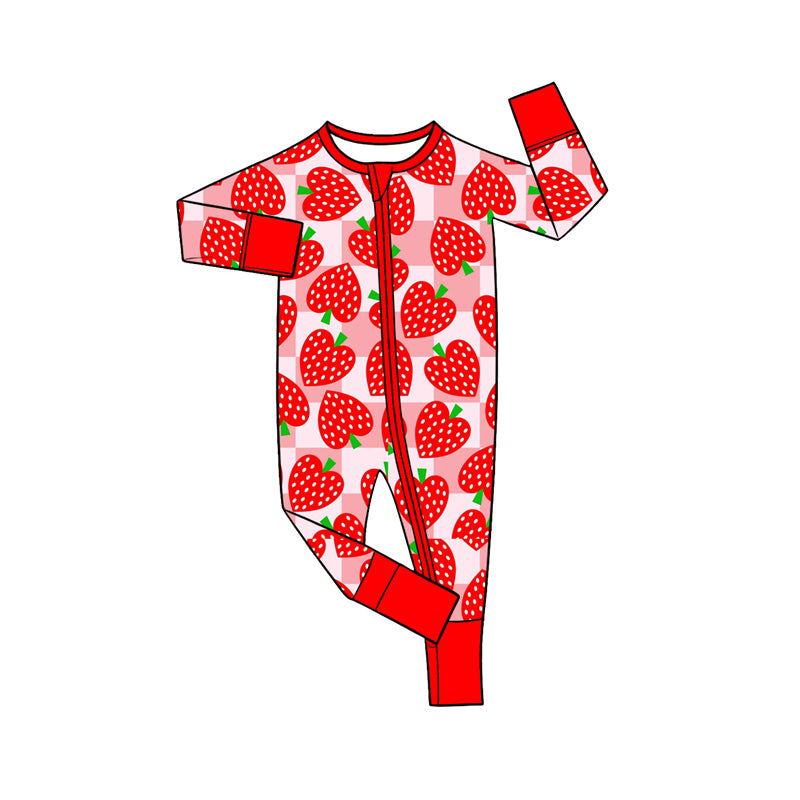 Preorder (moq 5) Baby Clothes Strawberry Checker Heart Print Long Sleeve Zipper Romper