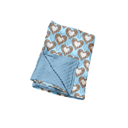 Preorder (moq 5) Baby Boy Blue Brown Heart Wood Grain Allover Print Minky Dot Back Baby Swaddle Blanket