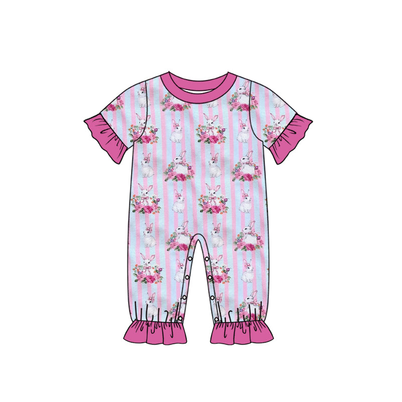 Preorder (moq 5) Baby Girl Clothes Easter Bunny Floral Pink Blue Stripe Print Short Sleeve Ruffle Romper