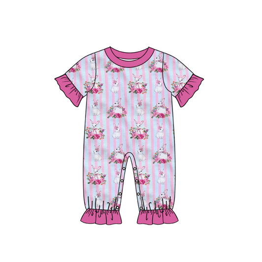 Preorder (moq 5) Baby Girl Clothes Easter Bunny Floral Pink Blue Stripe Print Short Sleeve Ruffle Romper