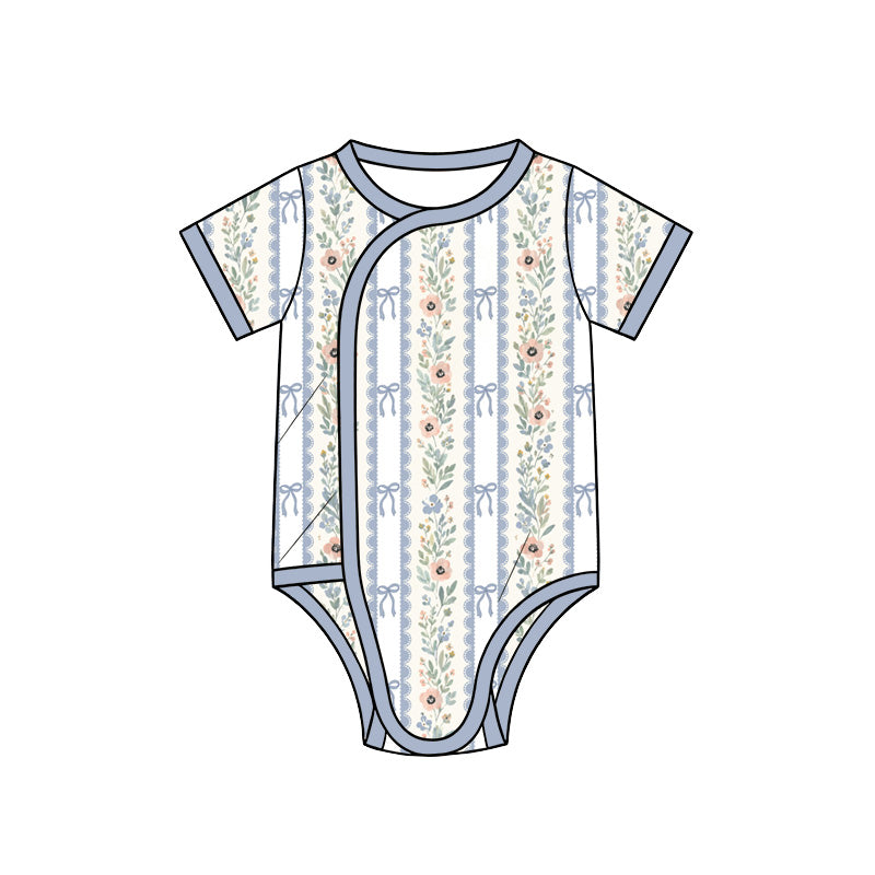Preorder (moq 5) Baby Girl Clothes Blue Stripe Bow Wildflower Mixed Print Short Sleeve Side Snap Bodysuit