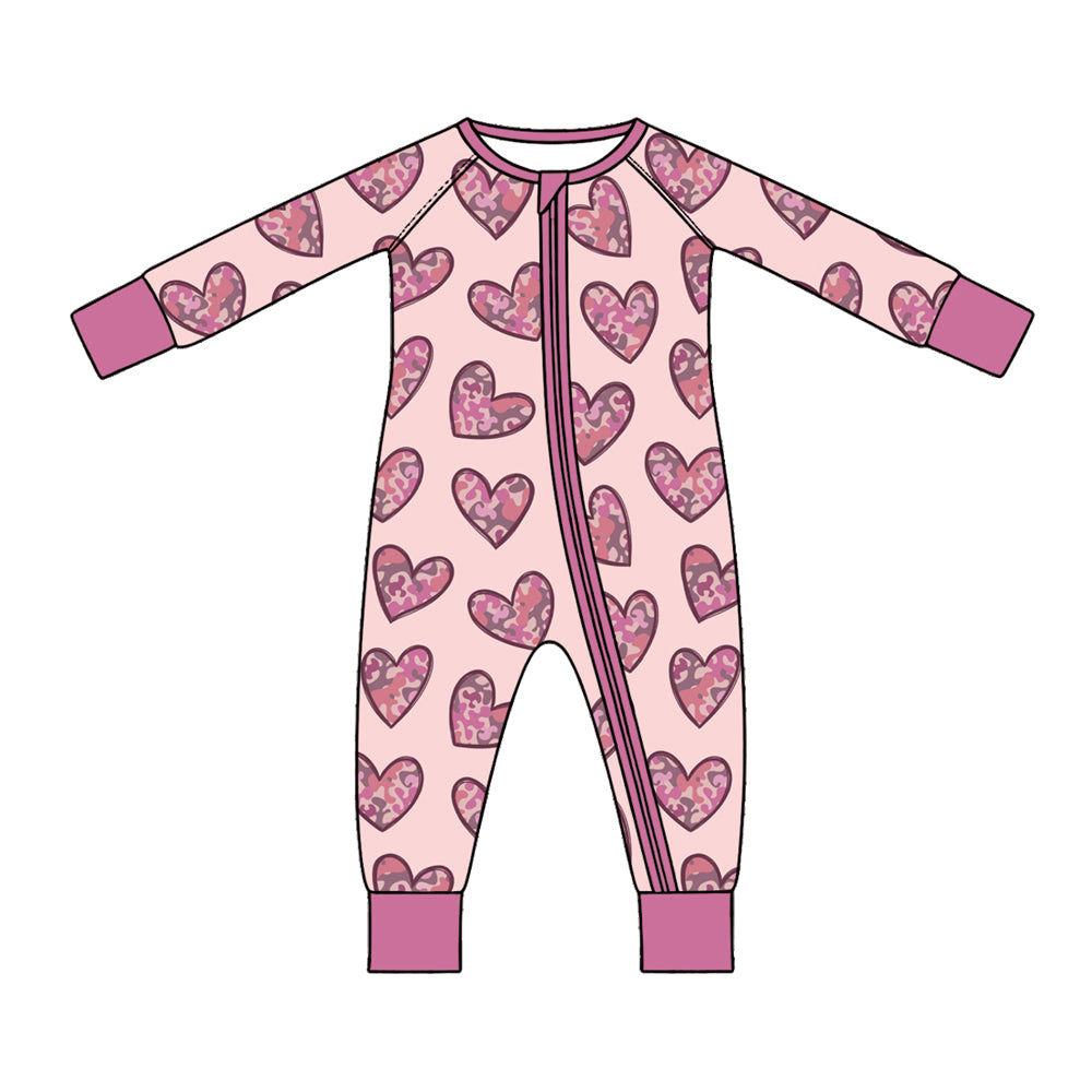 Preorder (moq 5) Baby Girl Clothes Pink Leopard Heart Mixed Print Long Sleeve Zipper Romper