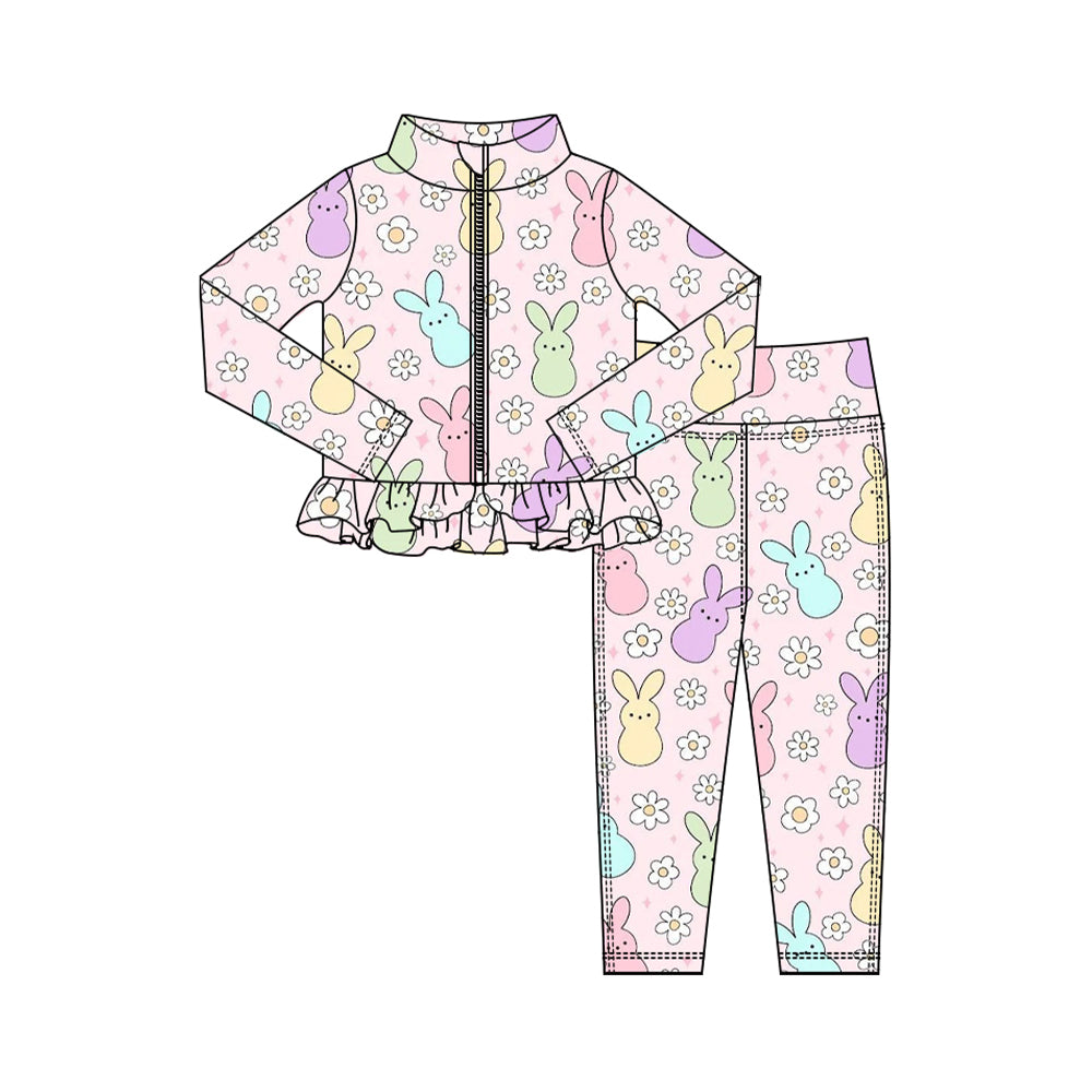 Preorder (moq 5) Baby Girl Clothes Easter Bunny Daisy Floral Print Long Sleeve Zipper Ruffle Rash Guard Set