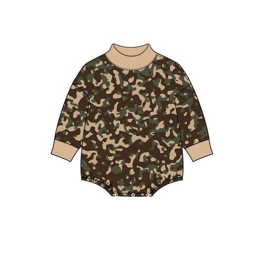 Preorder (moq 5) Baby Boy Clothes Classic Brown Camo Print Long Sleeve Turtleneck Bubble Romper