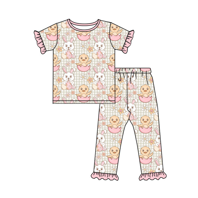 Preorder (moq 5) Baby Girl Clothes Easter Bunny Chick Gingham Print Short Sleeve Ruffle Top Ruffle Long Pant Outfit Set