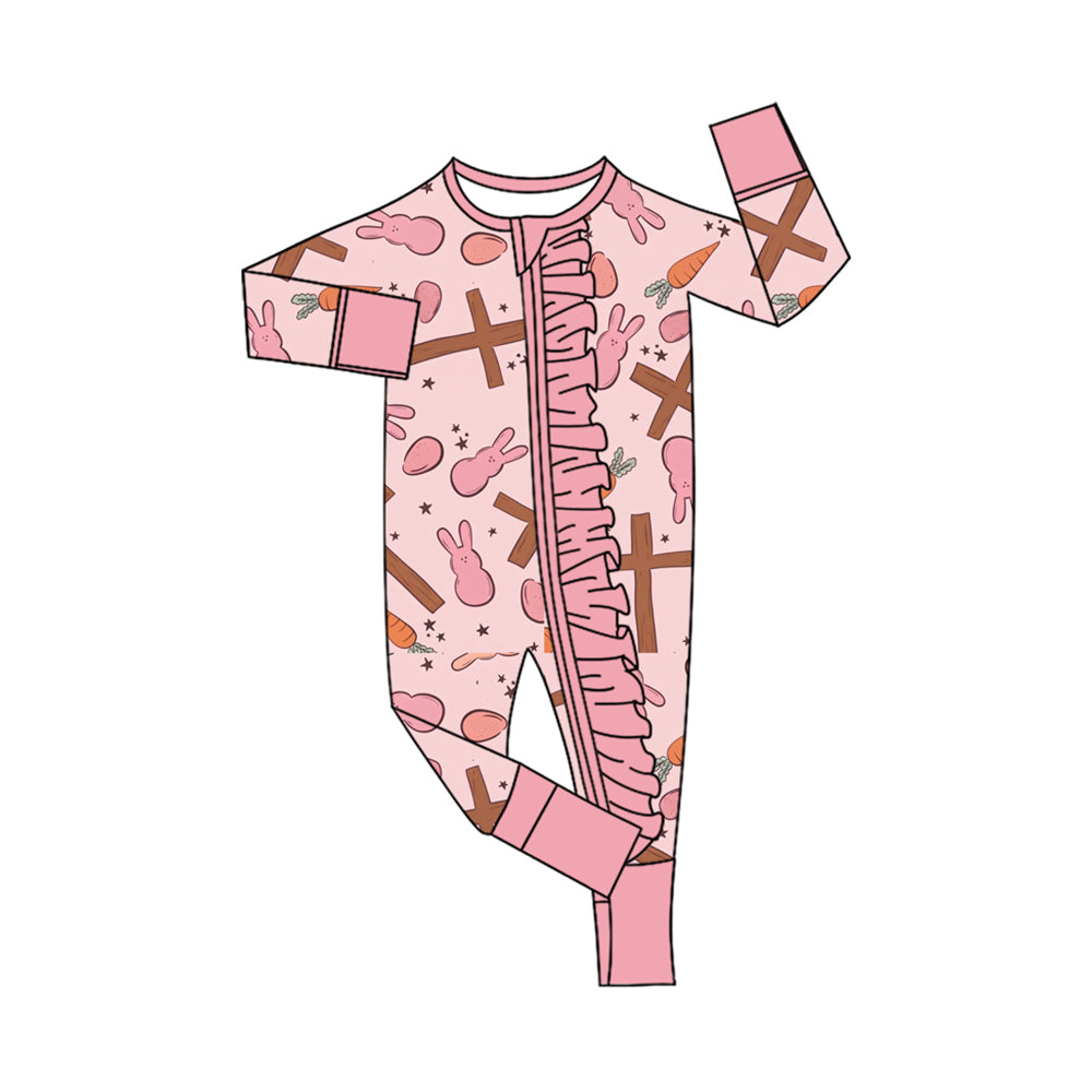 Preorder (moq 5) Baby Girl Clothes Easter Cross Bunny Carrot Egg Print Long Sleeve Ruffle Zipper Romper