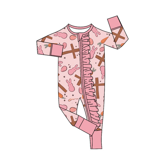 Preorder (moq 5) Baby Girl Clothes Easter Cross Bunny Carrot Egg Print Long Sleeve Ruffle Zipper Romper
