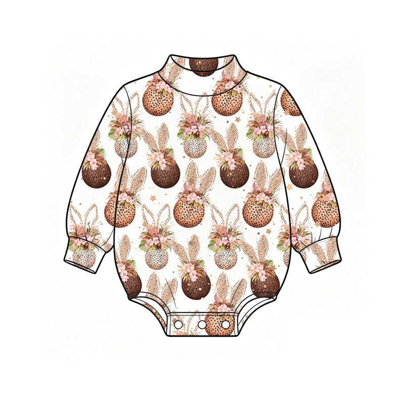 Preorder (moq 5) Baby Girl Clothes Easter Leopard Floral Bunny Egg Print Long Sleeve Baby Romper