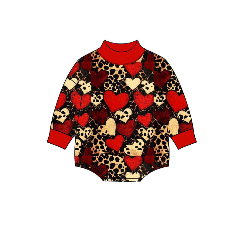 Preorder (moq 5) Baby Girl Clothes Valentine Vintage Leopard Multi Red Heart Allover Print Long Sleeve Turtleneck Bodysuit