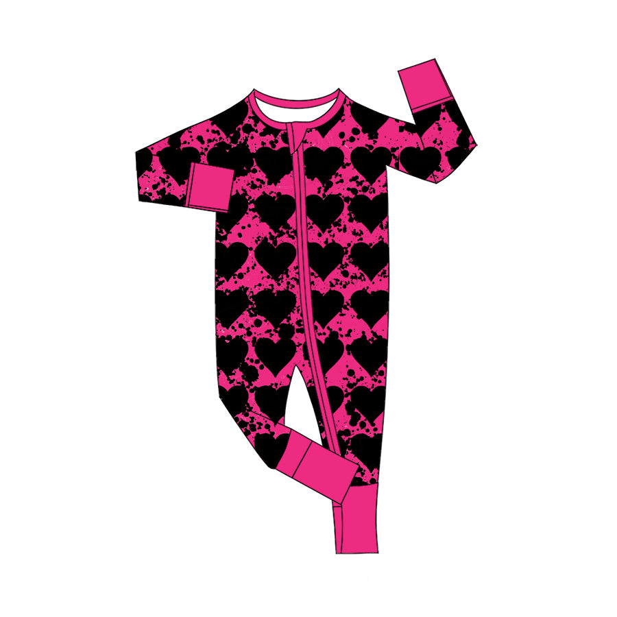 Preorder (moq 5) Baby Girl Clothes Black Heart Pink Splatter Print Long Sleeve Zipper Romper Jumpsuit