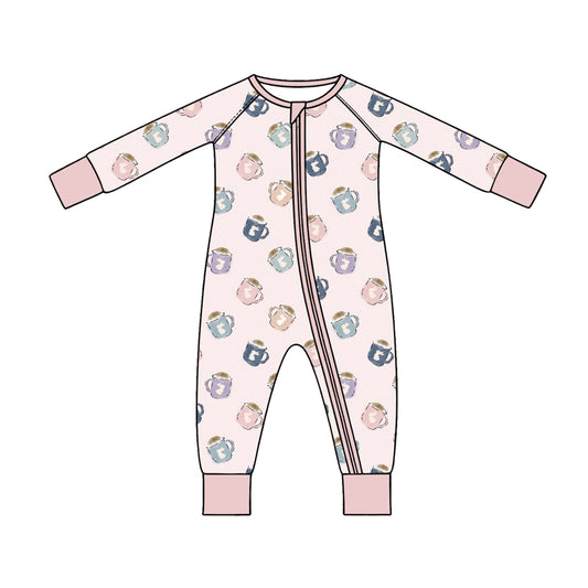 Preorder (moq 5) Baby Girl Clothes Easter Bunny Coffee Cup Mixed Print Long Sleeve Zipper Romper