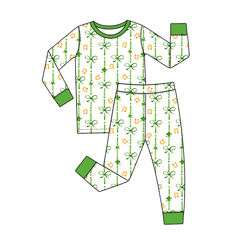 Preorder (moq 5) Baby Girl Clothes St Patricks Day Watercolor Clover Bow Stripe Print Long Sleeve Pajama Set
