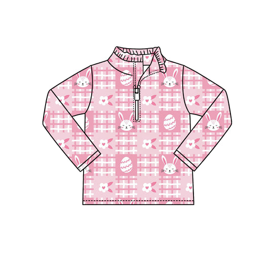 Preorder (moq 5) Baby Girl Clothes Pink Plaid Easter Bunny Egg Print Long Sleeve Half Zip Top