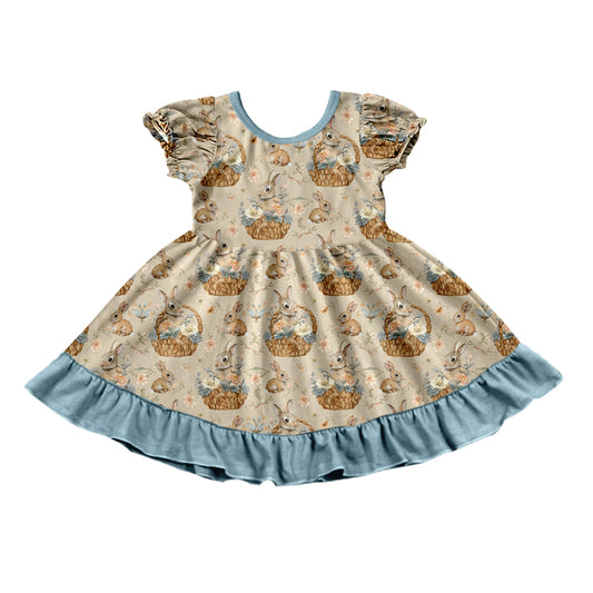 Preorder (moq 5) Baby Girl Clothes Vintage Floral Easter Bunny Basket Print Short Sleeve Ruffle Twirl Dress