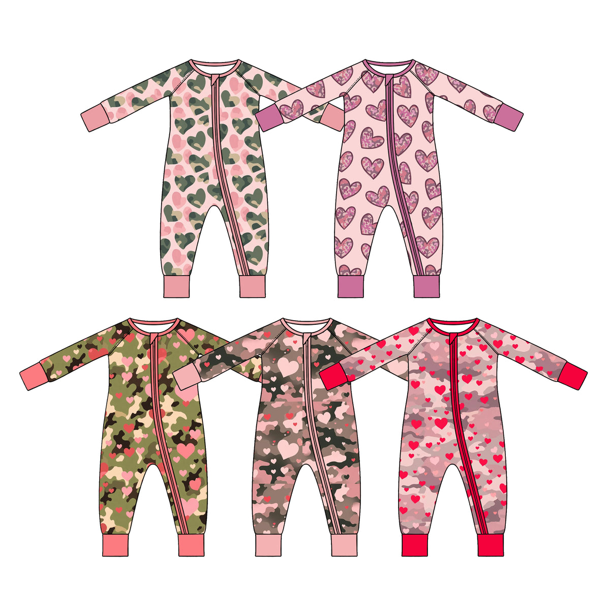 Preorder (moq 5) Baby Girl Clothes Pink Leopard Heart Mixed Print Long Sleeve Zipper Romper