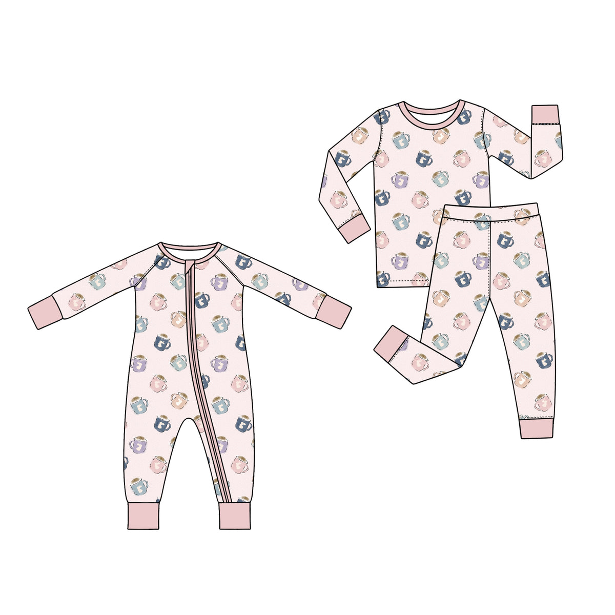 Preorder (moq 5) Baby Girl Clothes Easter Bunny Coffee Cup Mixed Print Long Sleeve Zipper Romper