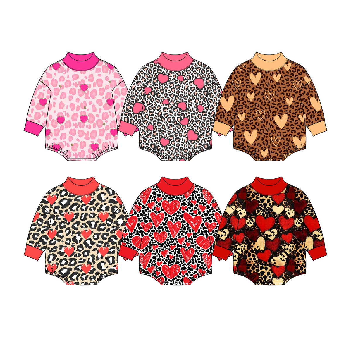 Preorder (moq 5) Baby Girl Clothes Valentine Brown Leopard Beige Heart Allover Print Long Sleeve Turtleneck Bodysuit