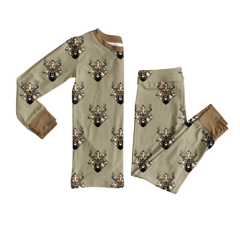 Preorder (moq 5) Baby Boy Clothes Camo Deer Head Diamond Mixed Print Long Sleeve Pajama Pant Set