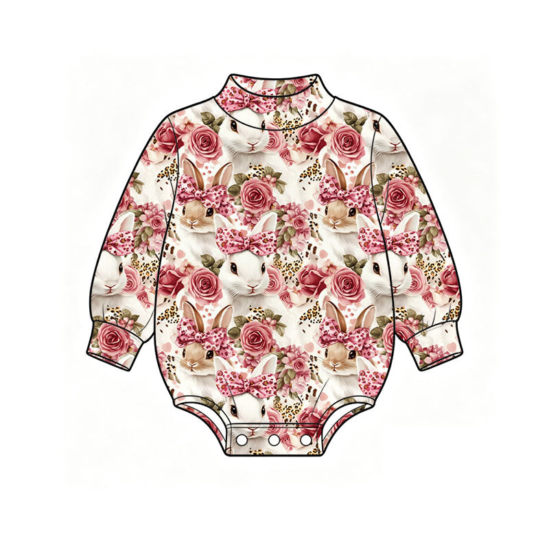Preorder (moq 5) Baby Girl Clothes Easter Rose Floral White Bunny Print Long Sleeve Baby Romper