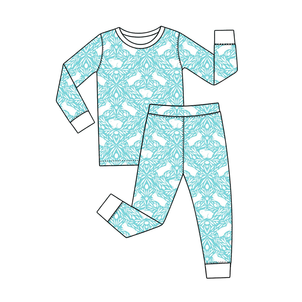 Preorder (moq 5) Baby Boy Clothes Easter Bunny Floral Silhouette Print Long Sleeve Pajama Set