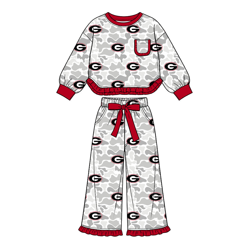 Preorder (moq 5) Georgia Baby Girl Clothes Grey Camo Logo Mixed Print Long Sleeve Ruffle Top Wide Leg Ruffle Pants Outfit Set