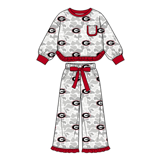 Preorder (moq 5) Georgia Baby Girl Clothes Grey Camo Logo Mixed Print Long Sleeve Ruffle Top Wide Leg Ruffle Pants Outfit Set