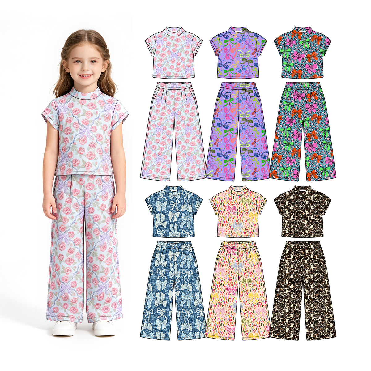 Preorder (moq 5) Baby Girl Clothes Leopard Bright Bow Allover Print Short Sleeve Mock Neck Crop Top Wide Leg Pants Set
