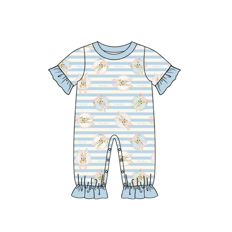 Preorder (moq 5) Baby Girl Clothes Easter Bunny Blue White Stripe Print Short Sleeve Ruffle Romper