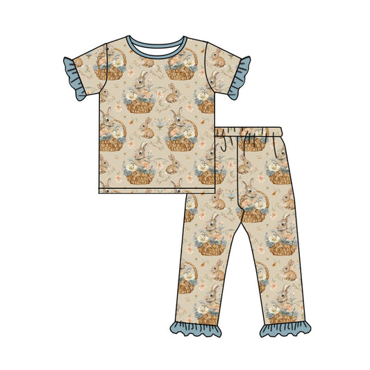 Preorder (moq 5) Baby Girl Clothes Vintage Floral Easter Bunny Basket Print Short Sleeve Ruffle Tee Ruffle Pant Set
