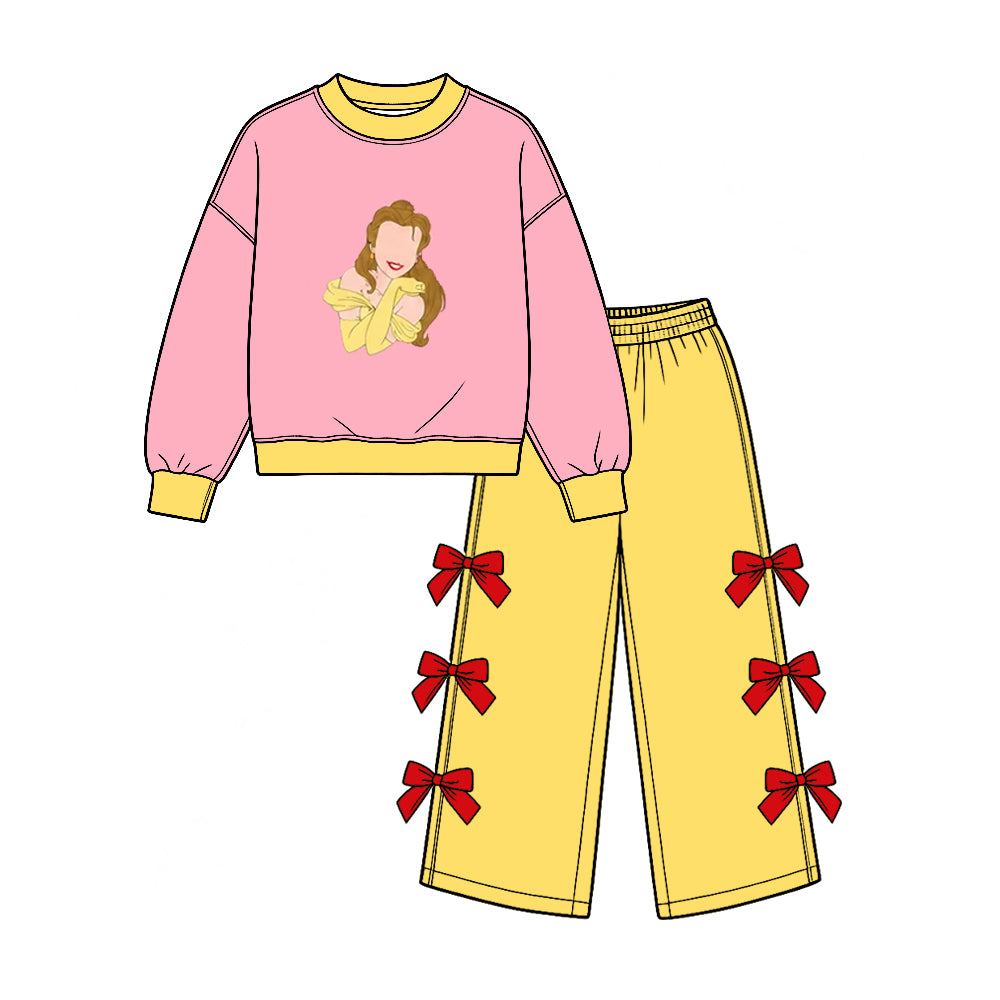Preorder (moq 5) Baby Girl Clothes Belle Princess Print Yellow Bow Decor Long Sleeve Wide Leg Pant Set