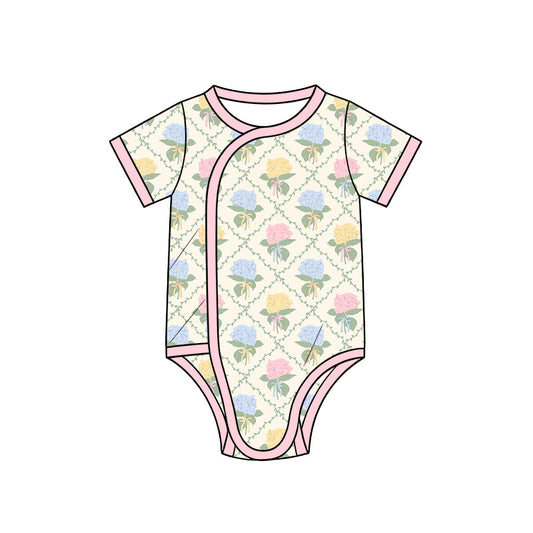 Preorder (moq 5) Baby Girl Clothes Multicolor Hydrangea Bow Lattice Mixed Print Short Sleeve Side Snap Bodysuit