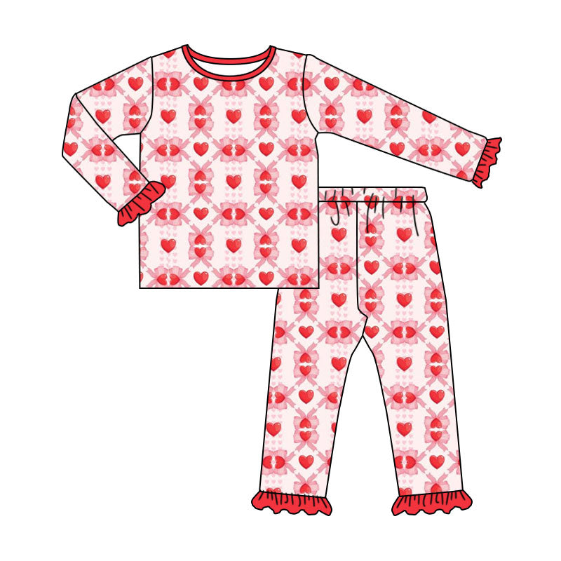 Preorder (moq 5) Baby Girl Clothes Red Heart Bow Checker Mixed Print Long Sleeve Ruffle Cuff Pajama Set