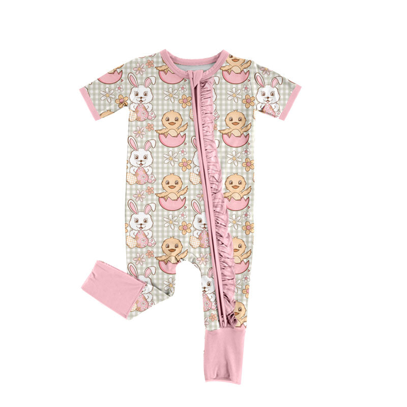 Preorder (moq 5) Baby Girl Clothes Easter Bunny Chick Gingham Print Short Sleeve Zipper Ruffle Baby Jumpsuit