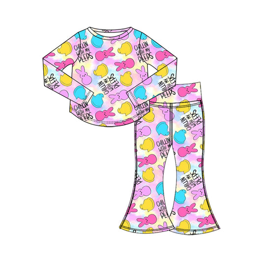 Preorder (moq 5) Baby Girl Clothes Easter Peeps Tie Dye Letter Print Long Sleeve Flare Pant Set