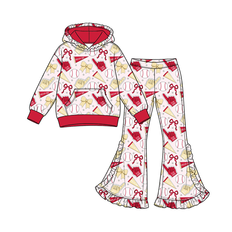 Preorder (moq 5) Baby Girl Clothes Baseball Bow Mixed Print Long Sleeve Hoodie Flare Pant Set