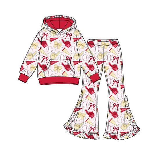 Preorder (moq 5) Baby Girl Clothes Baseball Bow Mixed Print Long Sleeve Hoodie Flare Pant Set