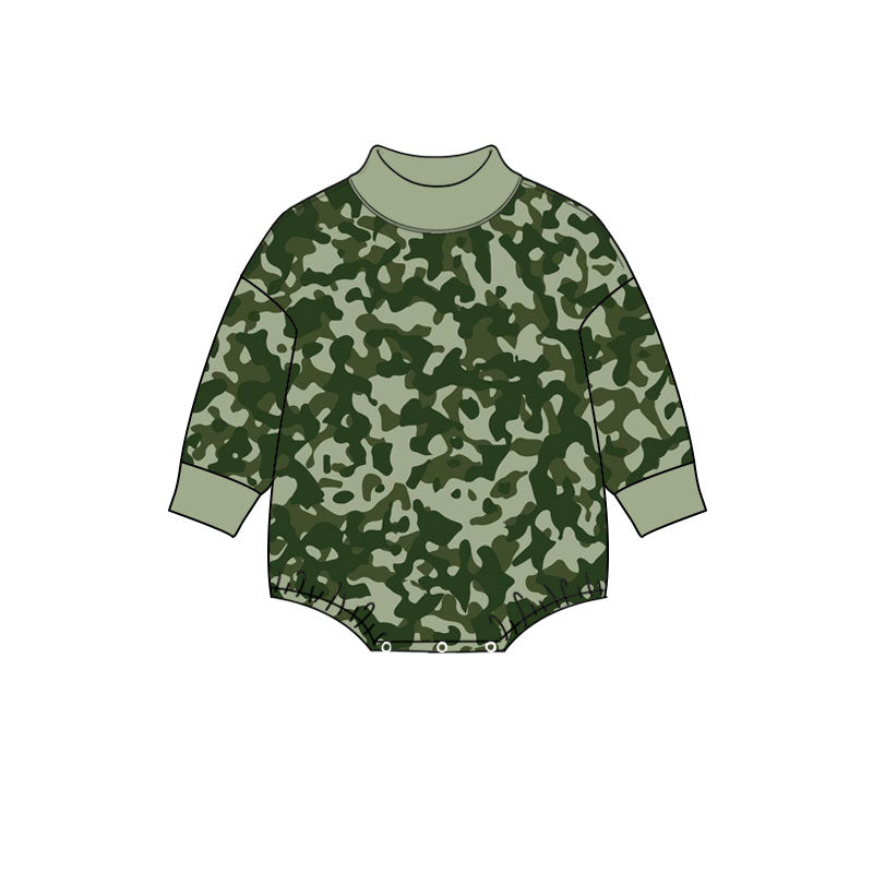 Preorder (moq 5) Baby Boy Clothes Sage Green Camo Print Long Sleeve Turtleneck Bubble Romper