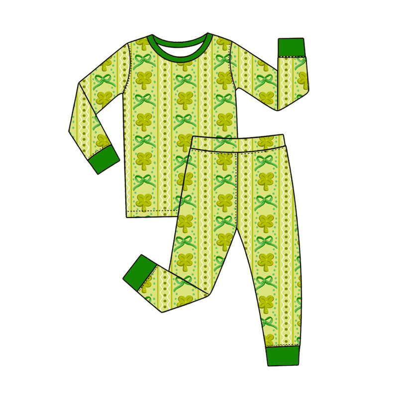 Preorder (moq 5) Baby Girl Clothes St Patricks Day Dotted Clover Bow Vertical Print Long Sleeve Pajama Set