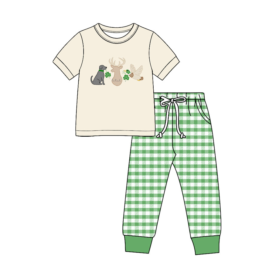 Preorder (moq 5) Baby Boy Clothes St Patrick Deer Dog Duck Embroidery Print Short Sleeve Plaid Jogger Pant Set